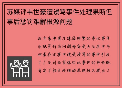 苏媒评韦世豪遭谩骂事件处理果断但事后惩罚难解根源问题