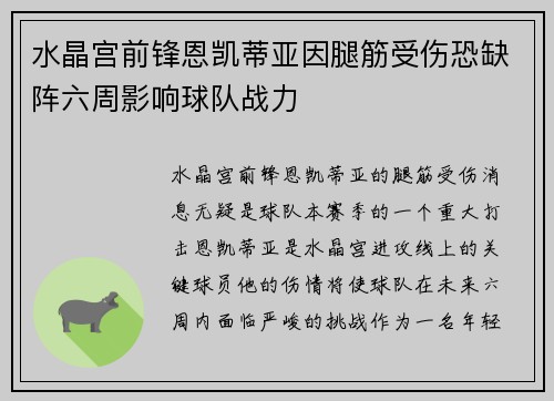 水晶宫前锋恩凯蒂亚因腿筋受伤恐缺阵六周影响球队战力